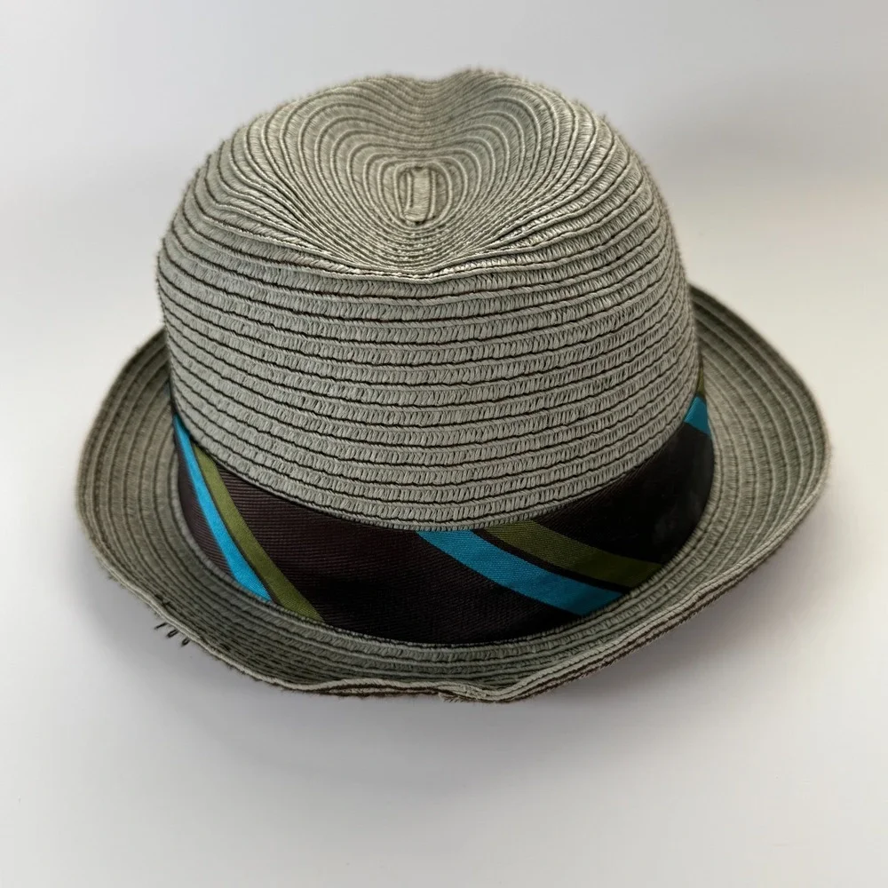 GOORIN BROS Tan Paper Straw Fedora Hat Adult Large Striped Ribbon‎ Brown Blue